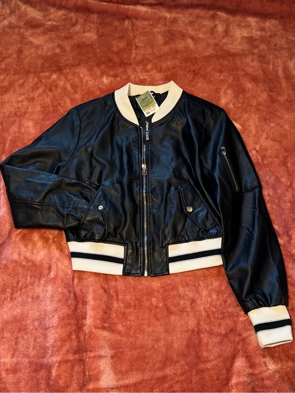 New Look Black White Fitted Varsity Bomber Jacket Junior 14 L Fits Women XS NWT